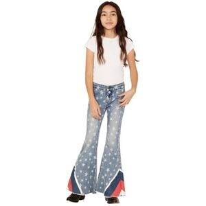 Rock & Roll Jeans Girls Blue Star Stripe Denim Bargain Button Bell Flare Raw Hem